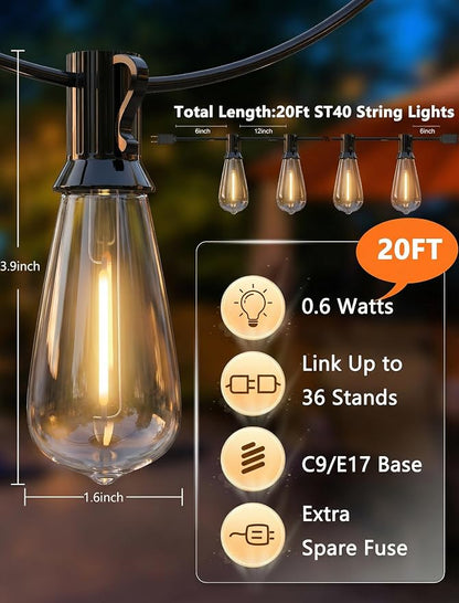 Oviejo 20Ft LED Outdoor String Lights with 22 ST40 LED Shatterproof Bulbs | Waterproof Edison Patio String Lights for Outside Deck Camp Backyard Pergola Party, E17 Base, 2700K Dimmable