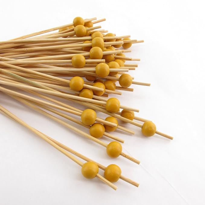 BambooMN Decorative Ball End Cocktail Fruit Sandwich Picks Skewers for Catered Events, Holiday's, Restaurants or Buffets Party Supplies - 5.9" Mustard Yellow, 100 Pcs