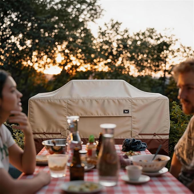 600D Heavy Duty Waterproof Extra Large Grill Cover, Fits for 86 Inch Island with Center Grill Head, Tear & Fade Resistant Outdoor Kitchen Cover with Buckle, Drawstring, Air Vent, Beige & Brown