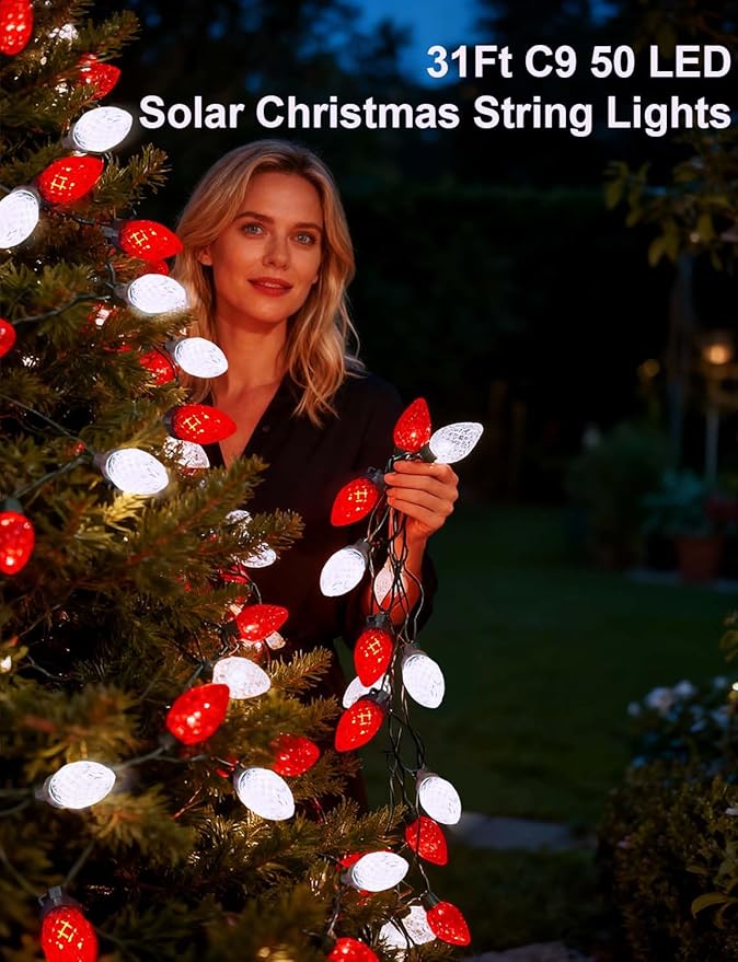 C9 Red White Strawberry Solar String Lights, 31FT 50 LED Ultra Bright Fairy Lights, 8 Modes IP65 Waterproof Green Wire for Outdoor Christmas Wedding Valentine Garden Decor