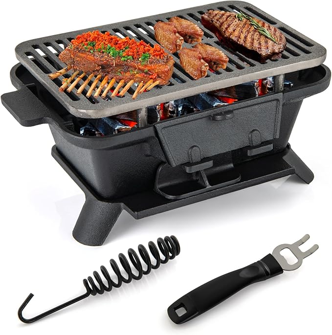 Hibachi Grill, Portable Cast Iron Charcoal Grill with Air Regulating Door & Fire Gate, Grate Lifter, Small Tabletop Japanese Yakitori Grill for Outdoor Camping, Picnic, Party (Rectangle)