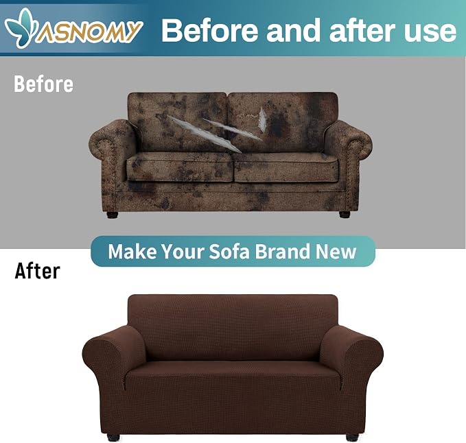 Asnomy Stretch Couch Covers Washable, loveseat Cover Slipcovers,Chocolate | 1-Piece Sofa Cover(55"-78") loveseat cover Furniture Protector Soft Jacquard,Non-Slip Elastic Bottom for Dogs & Kids
