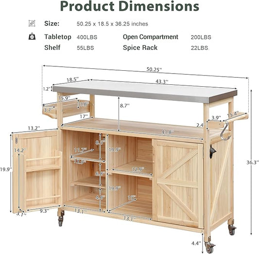 Merax 50" Outdoor Kitchen Grill Cart Island on Wheels with Stainless Steel Top,Farmhouse Style Solid Wood Frame Storage Cabinet for Patio