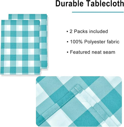 Hiasan Plaid Tablecloth Waterproof, 2 Pack, 60 x 84 inch - Checkered Table Cloth Rectangle for Spring Party/Outdoor Picnic/Kitchen Dining, Turquoise and White