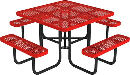 Norwood Commercial Furniture Open Air Series 46" Round Picnic Table with Benches and Umbrella Hole, Commercial-Grade Steel Portable Outdoor Picnic Table, Red