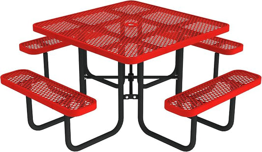 Norwood Commercial Furniture Open Air Series 46" Round Picnic Table with Benches and Umbrella Hole, Commercial-Grade Steel Portable Outdoor Picnic Table, Red