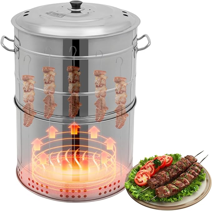 Portable Smokeless Barbecue Charcoal Barrel Grill, Stainless Steel Surround Charcoal Kebab Grill with 50 Skewers, 2-In-1 BBQ Grills for Outdoor Indoor Camping Picnics Gardens Parties