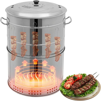 Portable Smokeless Barbecue Charcoal Barrel Grill, Stainless Steel Surround Charcoal Kebab Grill with 50 Skewers, 2-In-1 BBQ Grills for Outdoor Indoor Camping Picnics Gardens Parties