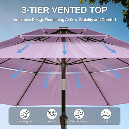 10ft Patio Umbrella, 3 Tier Outdoor Market Table Umbrellas with 8 Fiberglass Ribs and Push Button Tilt, Windproof, Vented Canopy, UV Protection for Deck, Pool, Backyard
