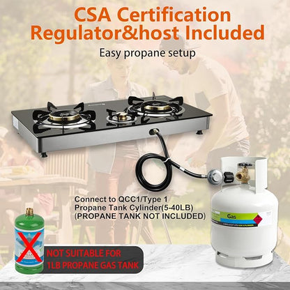 3 Burner Propane Gas Stove with Auto Ignition, 34000 BTU High-Efficiency Heavy-Duty Tempered Glass Cooktop, CSA Regulator & Hose Included, for Outdoor Camping Emergency