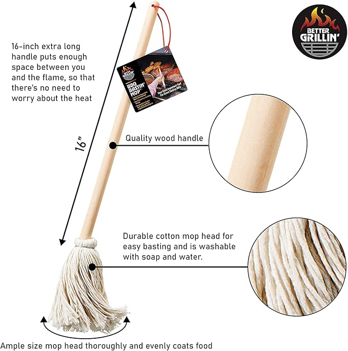 BETTER GRILLIN' BBQ Bastin Mop Basting Barbecue Brush/Mop Easily Applies Marinades, Sauces, Washes Out, 16in Handle, 1pk