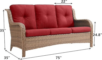 Rilyson Outdoor Patio Wicker Sofa, 900Lbs Weight Capacity Large 3 Seater Wicker Patio Couch with 4in Seat Cushions and Deep Seating, All Weather for Backyard, Garden, Poolside (Yellow/Red)