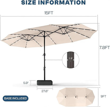 15FT Large Outdoor Patio Umbrella with Solar Lights and Base, Double-Sided Table Umbrellas with 48 LED Lights, Rectangle Market Umbrella for Pool, Deck, Backyard
