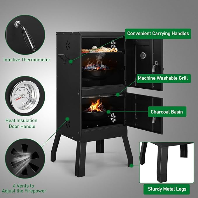 Outdoor Charcoal Grill Barbecue Grills with Thermometer, Charcoal Pan & 4 Air Vents, Vertical BBQ Grill for Garden Party Picnic Hiking Backyard Cooking, Easy to Assemble, Asadores de Carbon (Black)