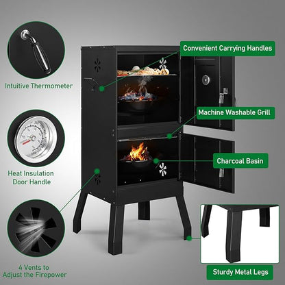 Outdoor Charcoal Grill Barbecue Grills with Thermometer, Charcoal Pan & 4 Air Vents, Vertical BBQ Grill for Garden Party Picnic Hiking Backyard Cooking, Easy to Assemble, Asadores de Carbon (Black)
