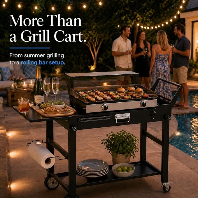 Grill Cart for Blackstone 22 Inch Griddle, 31" Tall Foldable Outdoor Griddle Table with Wheels, BBQ Prep Station with Side Shelf, Bar Top Shelf & Lower Storage