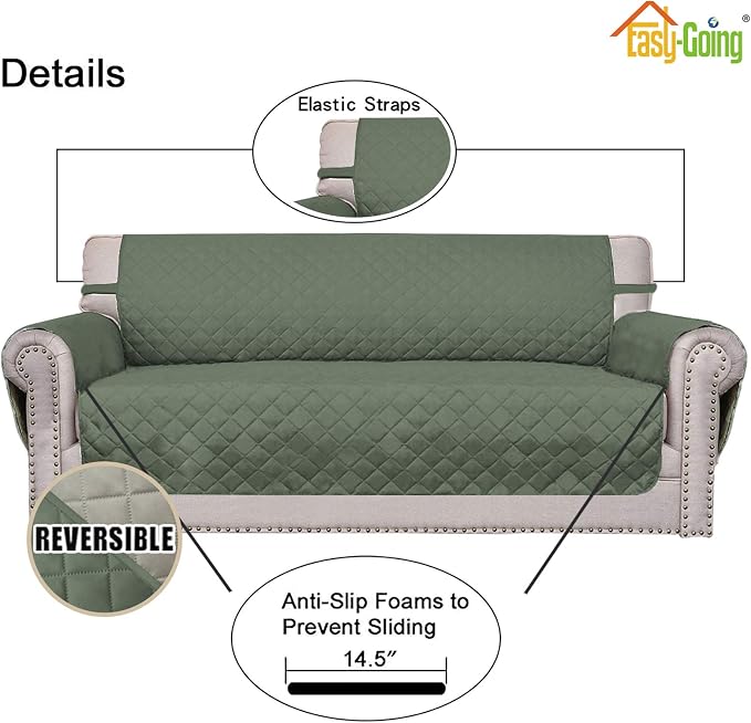 Easy-Going Sofa Slipcover Reversible Loveseat Sofa Cover Couch Cover for 2 Cushion Couch Furniture Protector with Elastic Straps for Pets Kids Dog Cat (Oversized Loveseat, Greyish Green/Beige) | Oversized Loveseat Slipcover For Dogs, Water Resistant Ma...