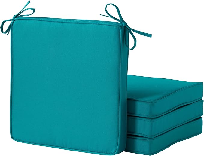 Outdoor 18 inch Square Patio Dining Chair Pads – Comfortable Fiber-Filled Seat Cushions with Ties, Reversible Polyester Fabric - Peacock, Set of 4