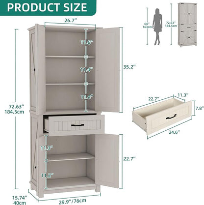 YITAHOME 72.6" Tall Farmhouse Pantry Cabinet, Storage Cupboard with 4 Barn Doors, 1 Drawer & Adjustable Shelves, Kitchen Cabinet for Dining Room, Living Room, White | Freestanding Storage Cupboard with 4 Barn Doors, Drawer & Adjustable Shelves, Kitchen...