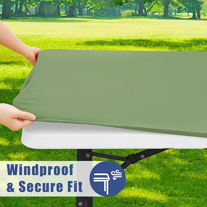 Moosfor Spandex 8 Foot Rectangle Table Cloth, Elastic Fitted Tablecloths for Picnic, Stretch Washable Patio Table Cover for Outdoor, Camping, Banquet and Parties (Sage Green, 30"x96")