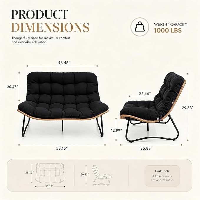 Outdoor Loveseat 2-Seat Wicker Rattan Boho Patio Sofa Black 1PC | 53"x36"x30", 13" seat height. 4" thick cushions, 1000lb cap. All-weather PE rattan, rust-proof frame. Black, 1PC.
