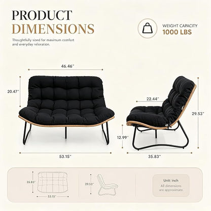 Outdoor Loveseat 2-Seat Wicker Rattan Boho Patio Sofa Black 1PC | 53"x36"x30", 13" seat height. 4" thick cushions, 1000lb cap. All-weather PE rattan, rust-proof frame. Black, 1PC.