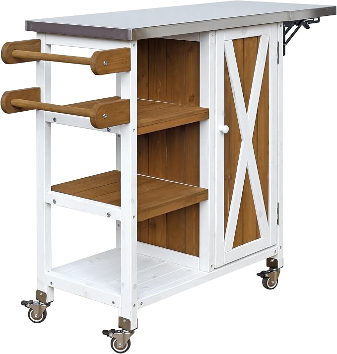 JIVOIT Outdoor Kitchen Island with Foldable Stainless Steel Tabletop, Patio Fir Wood Kitchen Cart Portable Prep Station with Lockable Wheels, Storage Cabinet and Towel Rack (White+Brown/123)