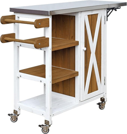 JIVOIT Outdoor Kitchen Island with Foldable Stainless Steel Tabletop, Patio Fir Wood Kitchen Cart Portable Prep Station with Lockable Wheels, Storage Cabinet and Towel Rack (White+Brown/123)