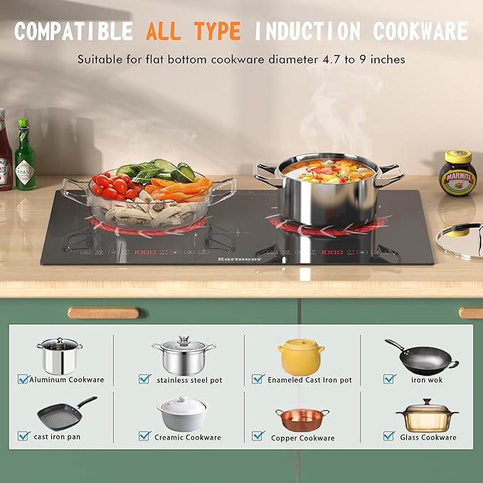 Karinear 2 Burners Electric Cooktop 110v, Portable Electric Stove top 24 Inch Electric Countertop Burner, Radiant Ceramic Cooktop, Sensor Touch, Timer, Safety Lock