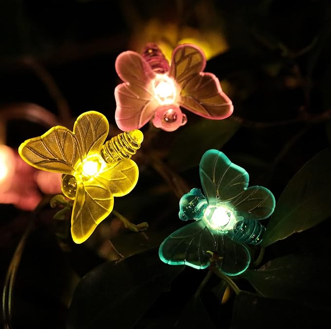 WSgift Solar Butterfly String Lights, 16 Ft 32 Warm White LED Outdoor Waterproof Butterfly Fairy String Lights for Garden Yard Outdoor Decorations