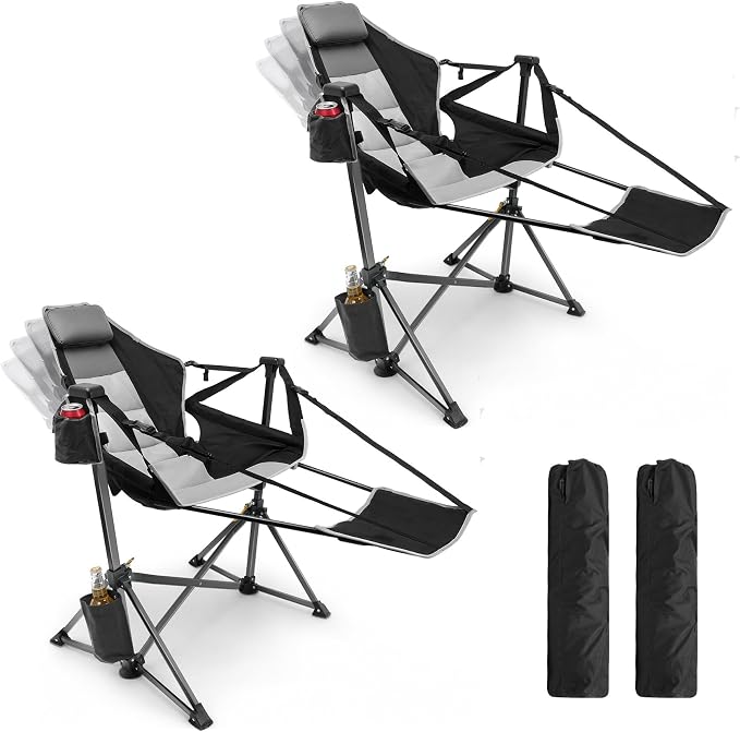 HOPERAN Hammock Camping Chair with Footrest 400lb Swing Chair, Black 2 Pack | 31.5" Wide Seat, 90°-130° Recliner, Stable Frame, 600D Fabric, Carry Bag, Cup Holder, Storage Pocket, for Beach Patio Sports