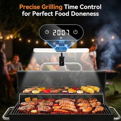 BBQ Grill Light, Rechargeable LED Grill Lamp with Digital BBQ Timer Clock, 3 Color Modes & Adjustable Brightness, Fits Blackstone, Weber & Smoker, Perfect Grilling Gifts