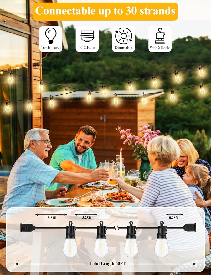 Brightever 60FT LED Outdoor String Lights for Patio Decor | Outside Hanging Lights with 17 Shatterproof S14 Vintage Edison Bulbs(1 Spare), Waterproof 2700K Dimmable