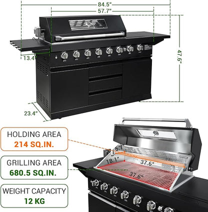 SINDA 6 Burners Gas Grill with Foldable Side Shelf, BBQ Outdoor Grill with 99000 BTUs Output, 3 Drawers for Backyard Barbecue Cooking & Barbecue Grilling，Black