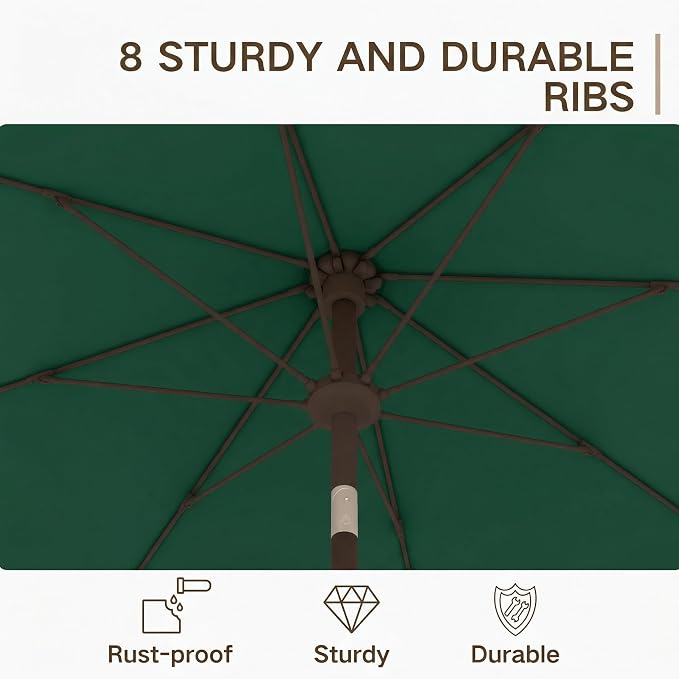 Kingdura 9FT Outdoor Patio Umbrella, Round Market Table Umbrella with Push‑Button Tilt and Crank Lift, 8 Sturdy Metal Ribs, UV50+ Protection Canopy for Backyard, Lawn, Deck, Poolside, Garden (Dark green)