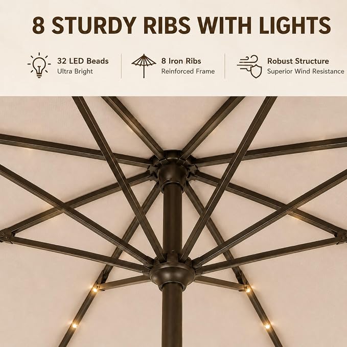 10FT Solar Lighted Patio Umbrella, Outdoor Table Market Umbrellas with Push Button Tilt and Crank, 32 LED Lights, 8 Sturdy Ribs, UV-Resistant for Deck, Garden, Pool