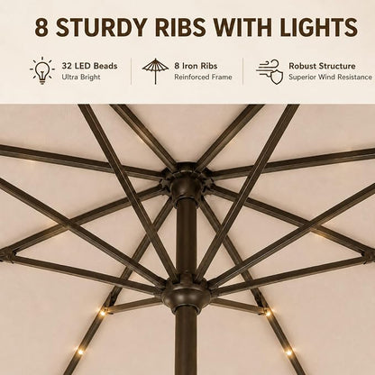 10FT Solar Lighted Patio Umbrella, Outdoor Table Market Umbrellas with Push Button Tilt and Crank, 32 LED Lights, 8 Sturdy Ribs, UV-Resistant for Deck, Garden, Pool