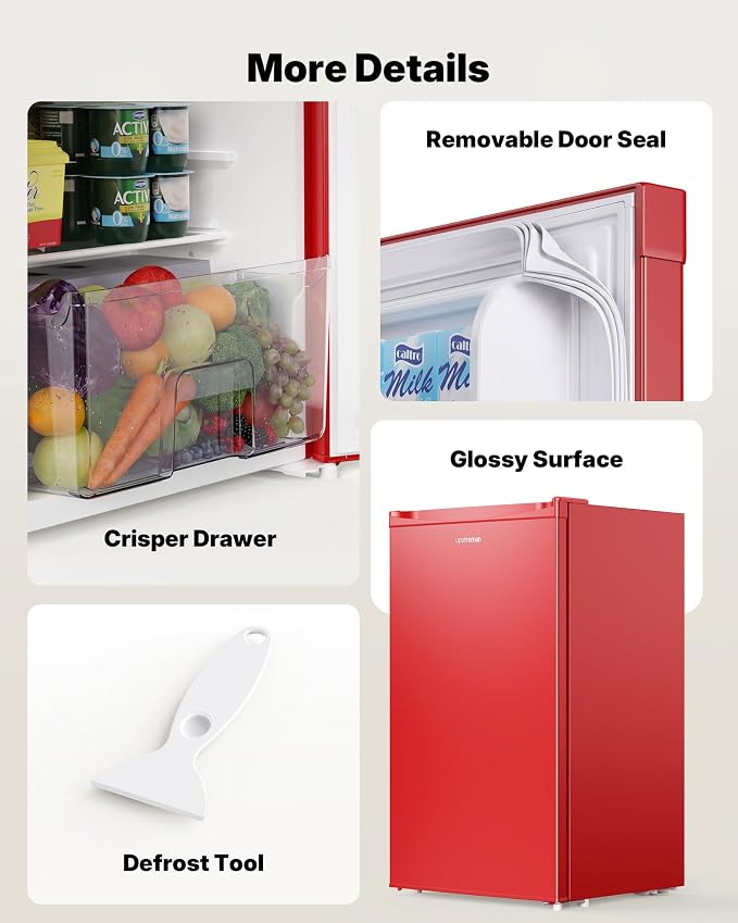 Upstreman 3.2 Cu.Ft Mini Fridge with Freezer, Red-BR321 | Adjustable Thermostat, Energy Saving, Low Noise, Reversible Door, Small Refrigerator for Dorm, Bedroom, Office