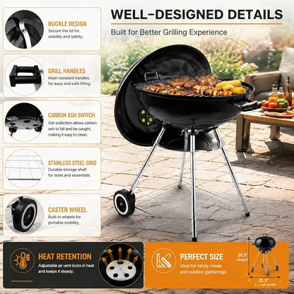 22-Inch Black Kettle Charcoal BBQ Grill: Built-in Ash Collector for Easy Cleaning, Great for Outdoor Cooking, Heavy-Duty for Backyard & Camping