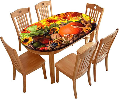 Thanksgiving Oval Fitted Tablecloths, Pumpkins with Sunflowers Pattern Print Elastic Edged Table Cover, Windproof Cloths for Indoor Outdoor Dining Decor, Fits to 48x68 in Table, Orange
