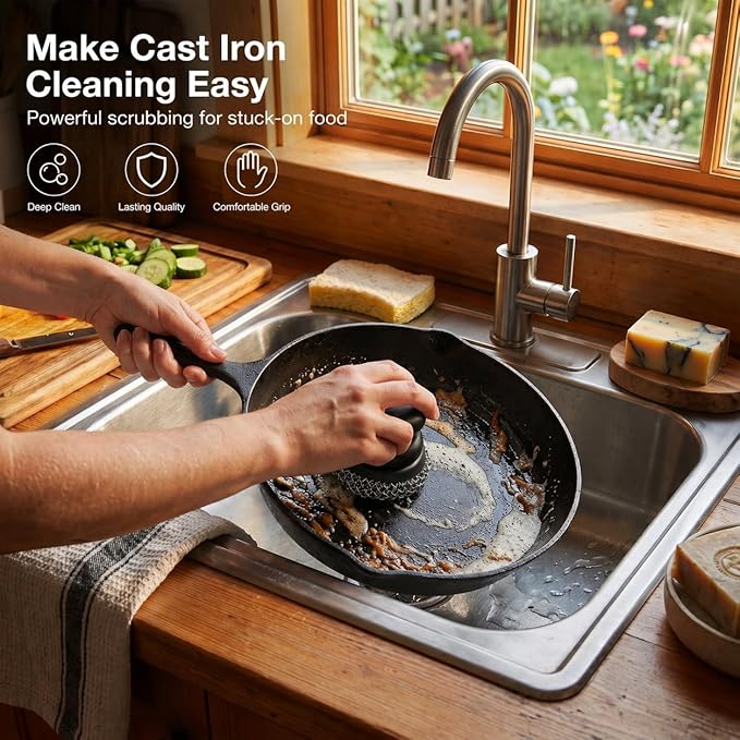 Cast Iron Scrubber and Scraper, Chain Mail Scrubber Cast Iron for Cleaning Dishes, Stock Pots, Pans, Griddles, Grills, Dish Scouring Pads