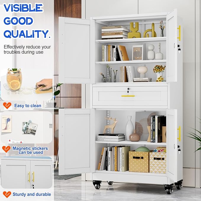 GAIOUS Metal Garage Storage Cabinet with Wheels and Drawer, Steel File Cabinet for Home Office, 71'' Tall Tool Cabinet with 4 Locking Doors and 3 Adjustable Shelves, Rolling Cabinet for Garage - White