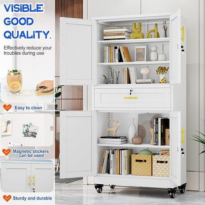 GAIOUS Metal Garage Storage Cabinet with Wheels and Drawer, Steel File Cabinet for Home Office, 71'' Tall Tool Cabinet with 4 Locking Doors and 3 Adjustable Shelves, Rolling Cabinet for Garage - White