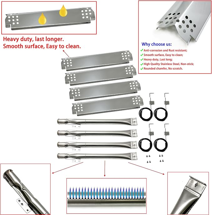 Parts DG262 Grill Burner 14 7/8", Heat Plates 14.6" x 4.2", Igniter Kit fits for Nexgrill 720-0830H,720-0888N/S,720-0783E,720-0830X, for Home Depot Nexgrill 4 Burner 720-0830H