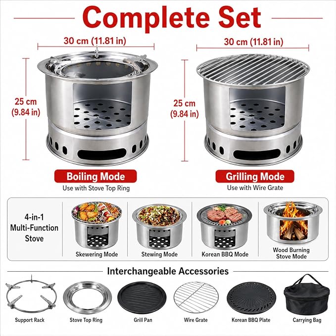 4-in-1 Wood Burning Camping Stove with Grill Pan, Skewer Rack and BBQ Plate | 4-in-1 outdoor cooking set; wood burning stove; grill pan; skewer rack; BBQ plate; camping, picnic, backyard BBQ