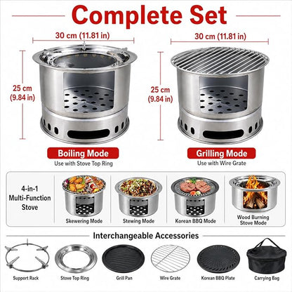 4-in-1 Wood Burning Camping Stove with Grill Pan, Skewer Rack and BBQ Plate | 4-in-1 outdoor cooking set; wood burning stove; grill pan; skewer rack; BBQ plate; camping, picnic, backyard BBQ