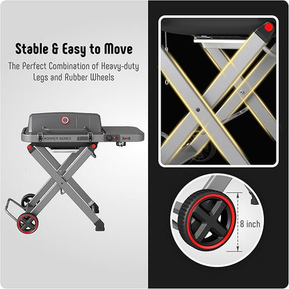 FEASTO Portable Propane Gas Grill with Folding Cart & 13000 BTUs Burner, 360 Sq. In. Cast Iron Cooking Grates, Side Table, 8" Wheels, Stainless Grease Tray for Outdoor BBQ, Camping & Tailgating, Grey