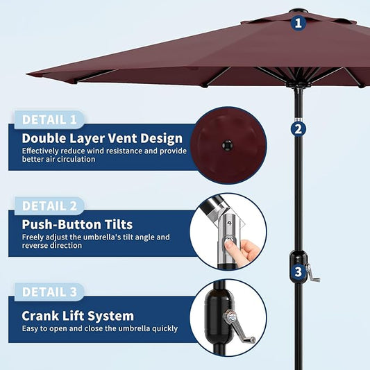 Garvee 9 ft Patio Umbrella - 8 Sturdy Ribs Outdoor Table Umbrella with Crank Lift & Push Button Tilt - Market Umbrella for Pool, Deck, Yard, Garden - Dark Red