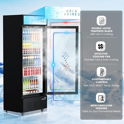 Commercial Beverage Refrigerator, 15 Cu.ft.Display Fridge Glass Door Upright Display Door with Adjustable Shelves LED Light for Restaurant,Grocery Stores,Office