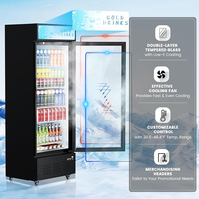 Commercial Display Refrigerator Glass Door 15.1 cu.ft Commercial Beverage Refrigerators with LED and Shelves for Cafe, Restaurant, Store
